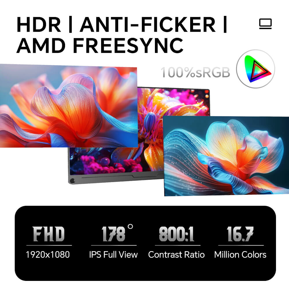 Portable Monitor 15.6inch FHD 1080P USB C HDMI IPS Computer Display w/Speakers